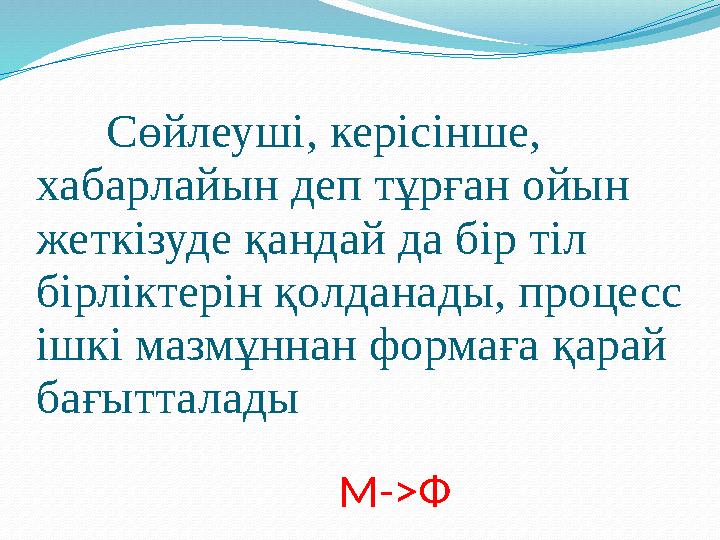 С өйлеуші, керісінше, хабарлайын деп тұрған ойын жеткізуде қандай да бір тіл бірліктерін қолданады, процесс ішкі мазмұннан ф