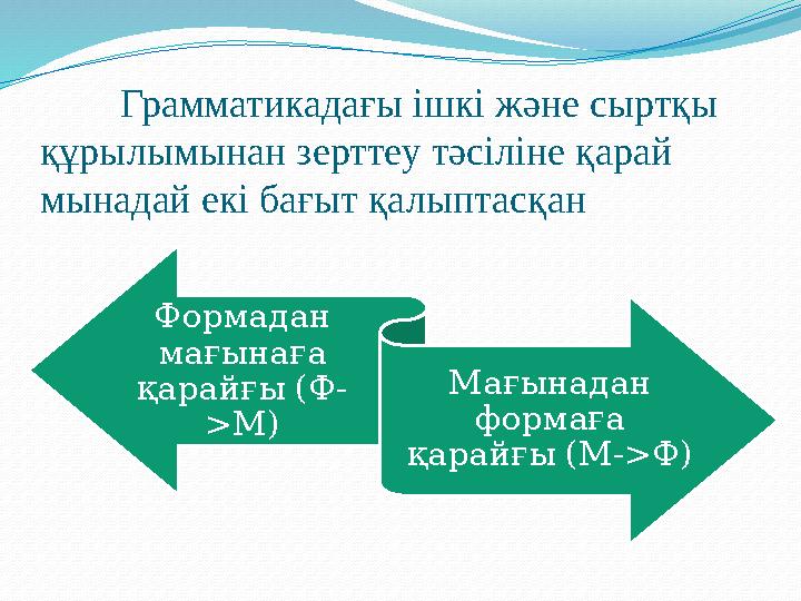 Грамматикадағы ішкі және сыртқы құрылымынан зерттеу тәсіліне қарай мынадай екі бағыт қалыптасқан Формадан мағынаға қарайғы (