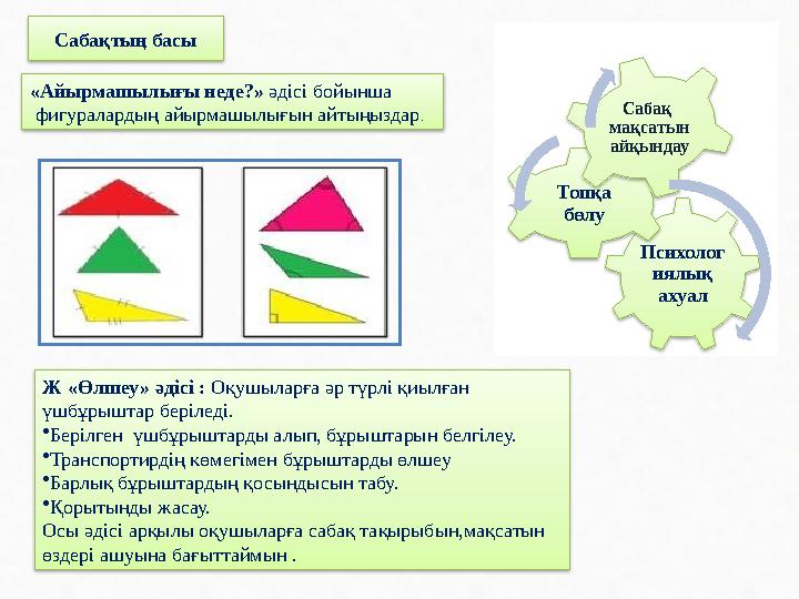 Сабақтың басы «Айырмашылығы неде?» әдісі бойынша фигуралардың айырмашылығын айтыңыздар . Ж «Өлшеу» әдісі : Оқушыларға әр түр