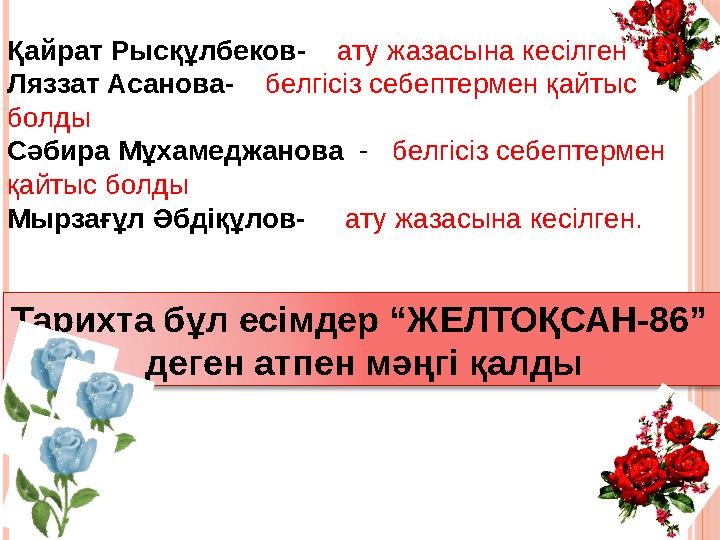 Қайрат Рысқұлбеков- ату жазасына кесілген Ляззат Асанова- белгісіз себептермен қайтыс болды Сәбира Мұхамеджанова -