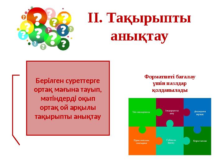 ІІ. Тақырыпты анықтау Берілген суреттерге ортақ мағына тауып, мәтіндерді оқып ортақ ой арқылы тақырыпты анықтау Формативті