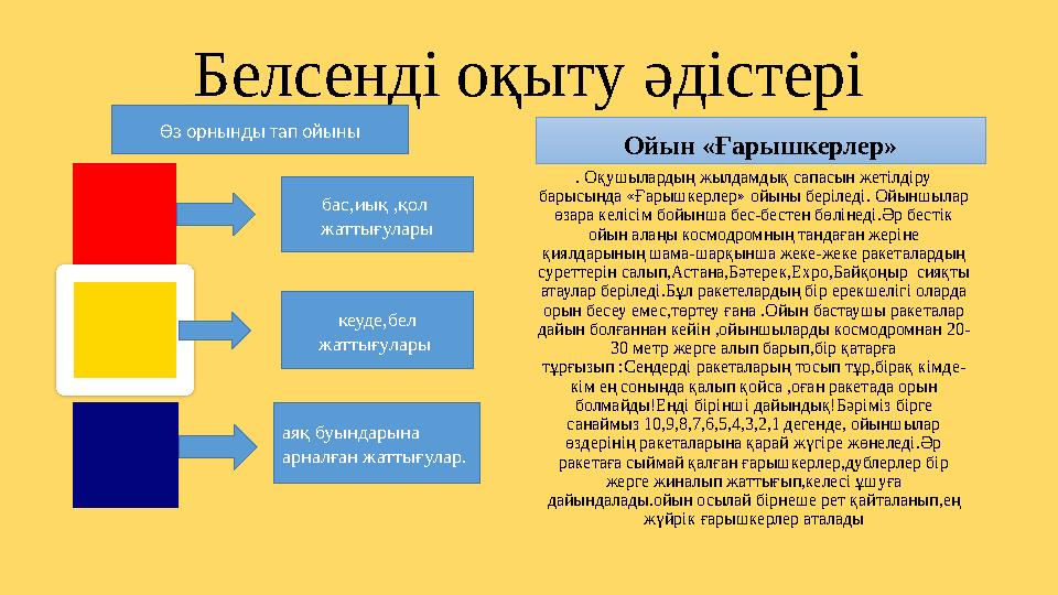 Белсенді оқыту әдістері Ойын «Ғарышкерлер» бас,иық ,қол жаттығулары кеуде,бел жаттығулары аяқ буындарына арналған жаттығул