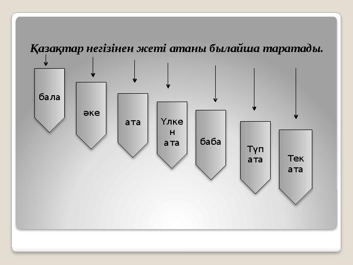 Қазақтар негізінен жеті атаны былайша таратады. бала ата әке Үлке н ата баба Тек ата Түп ата
