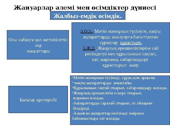 Жануарлар әлемі мен өсімдіктер дүниесі Жалбыз-емдік өсімдік. 5.О.5. Мәтін мазмұнын түсінуге, нақты ақпараттарды анықтауға бағы