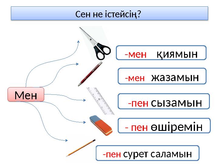 Сен не істейсің? Мен -мен қиямын -мен жазамын -пен сызамын - пен өшіремін -пен сурет саламын