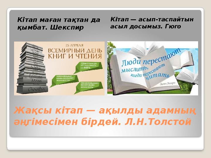 Жақсы кітап — ақылды адамның әңгімесімен бірдей. Л.Н.Толстой Кітап маған тақтан да қымбат. Шекспир Кітап — асып-таспайтын а