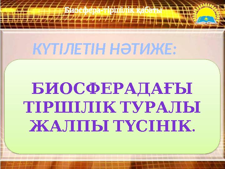 Биосфера-тіршілік қабаты КҮТІЛЕТІН НӘТИЖЕ: БИОСФЕРАДАҒЫ ТІРШІЛІКТУРАЛЫ . ЖАЛПЫТҮСІНІК