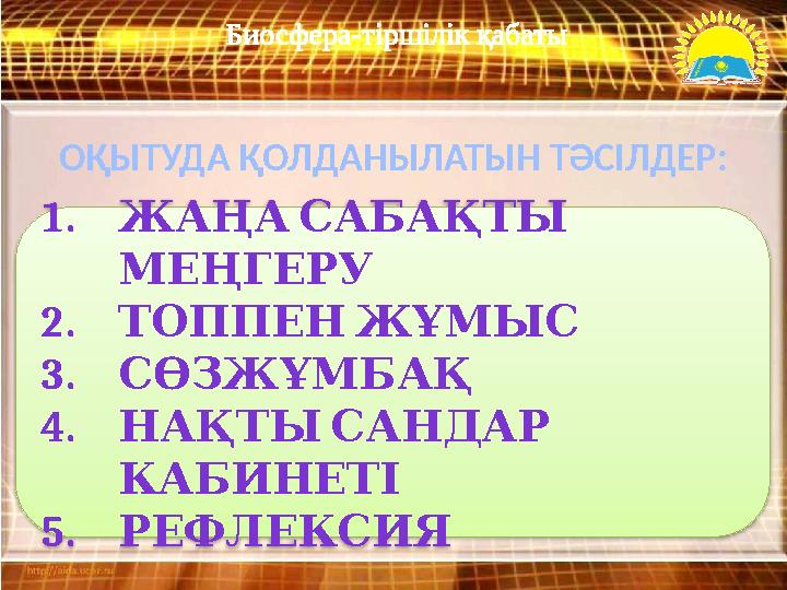 Биосфера-тіршілік қабаты ОҚЫТУДА ҚОЛДАНЫЛАТЫН ТӘСІЛДЕР: 1. ЖАҢАСАБАҚТЫ МЕҢГЕРУ 2. ТОППЕНЖҰМЫС 3.СӨЗЖҰМБАҚ 4. НАҚТЫСАНДАР К