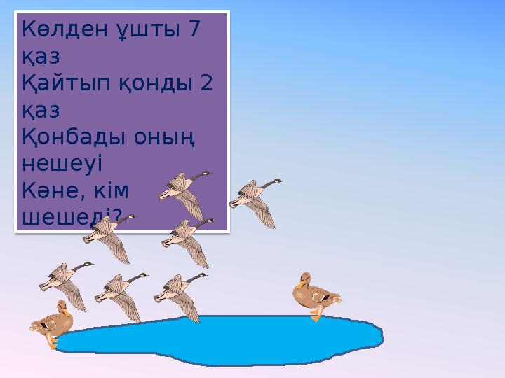 Көлден ұшты 7 қаз Қайтып қонды 2 қаз Қонбады оның нешеуі Кәне, кім шешеді?