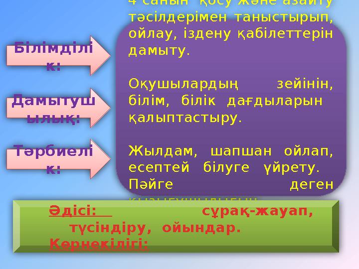 Сабақтың мақсаты: 4 санын қосу және азайту тәсілдерімен таныстырып, ойлау, іздену қабілеттерін дамыту. Оқушылардың зейі