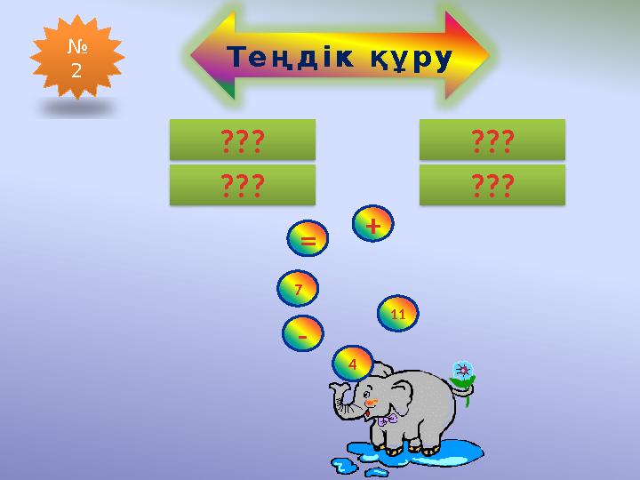 4 + 7 = 11 11 - 7 = 4 7 + 4 = 11 11 - 4 = 7 № 2 Теңдік құру 7 4 11 + - = ??? ??? ??? ???