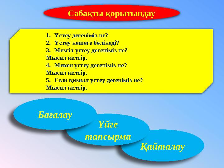 Қайталау Сабақты қорытындау 1.Үстеу дегеніміз не? 2.Үстеу нешеге бөлінеді? 3.Мезгіл үстеу дегеніміз не? Мысал келтір. 4.Мекен ү