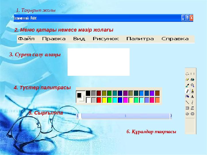 www.ZHARAR.com1. Тақырып жолы 2. Меню қатары немесе мәзір жолағы 6. Құралдар тақтасы3. Сурет салу алаңы 4. Түстер палитрасы 5. С