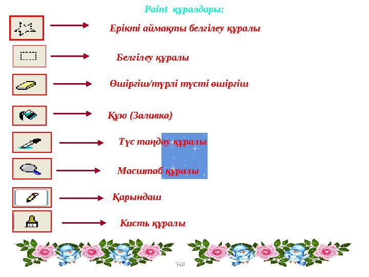 www.ZHARAR.comPaint құралдары: Ерікті аймақты белгілеу құралы Белгілеу құралы Өшіргіш/түрлі түсті өшіргіш Құю (Заливка) Түс