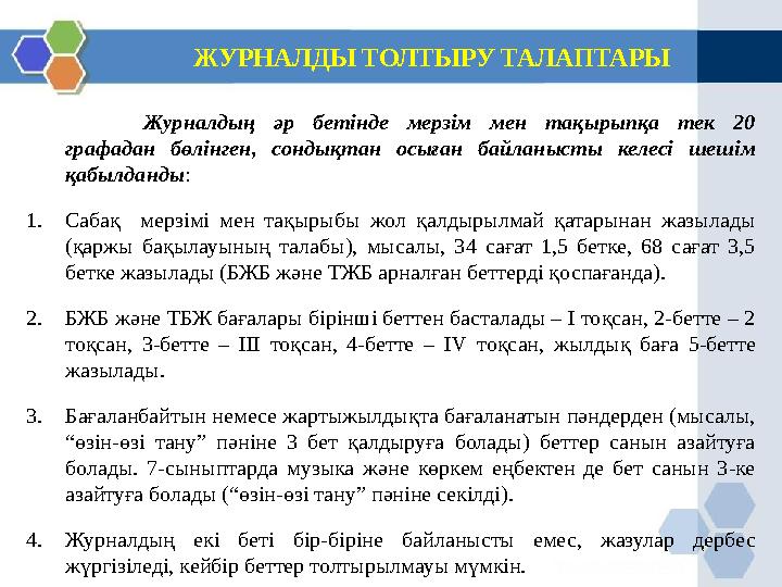 ЖУРНАЛДЫ ТОЛТЫРУ ТАЛАПТАРЫ Журналдың әр бетінде мерзім мен тақырыпқа тек 20 графадан бөлінген, сондықтан осыған байланысты келе