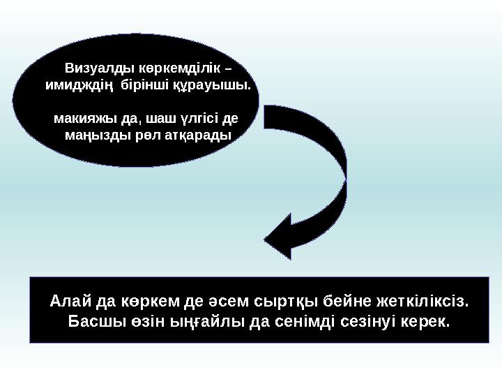 Визуалды көркемділік – имидждің бірінші құрауышы. Басшының киген киімінің түсі де, макияжы да, шаш үлгісі де маңызды рөл атқар