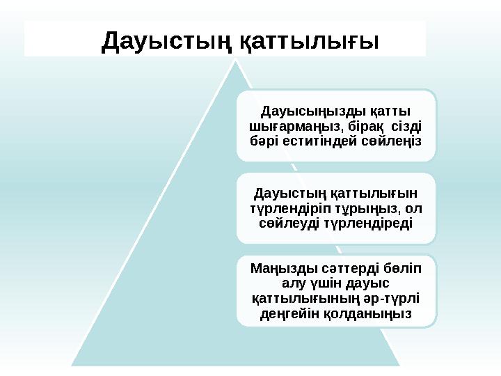 Дауыстың қаттылығы Дауысыңызды қатты шығармаңыз, бірақ сізді бәрі еститіндей сөйлеңіз Дауыстың қаттылығын түрлендіріп тұрыңы