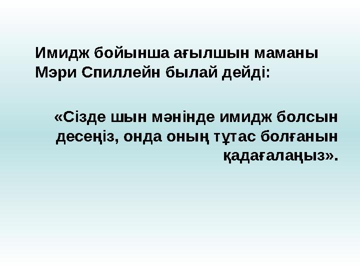 Имидж бойынша ағылшын маманы Мэри Спиллейн былай дейді: «Сізде шын мәнінде имидж болсын десеңіз, онда оның тұтас болғанын