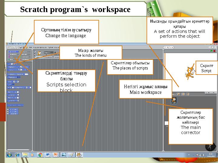 Scratch program`s workspace Мәзір жолағы The kinds of menu Скриптілерді таңдау блогы Scripts selection block Ны
