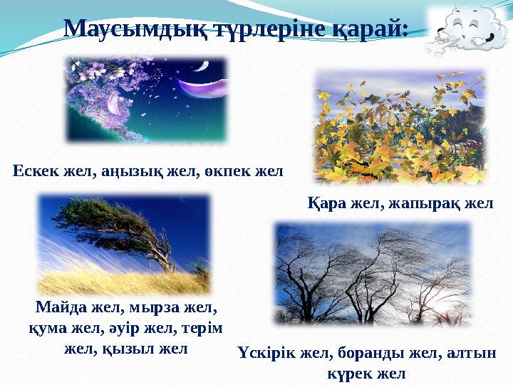 Маусымдық түрлеріне қарай: Ескек жел, аңызық жел, өкпек жел Үскірік жел, боранды жел, алтын күрек жел Қара жел, жапырақ жел Май
