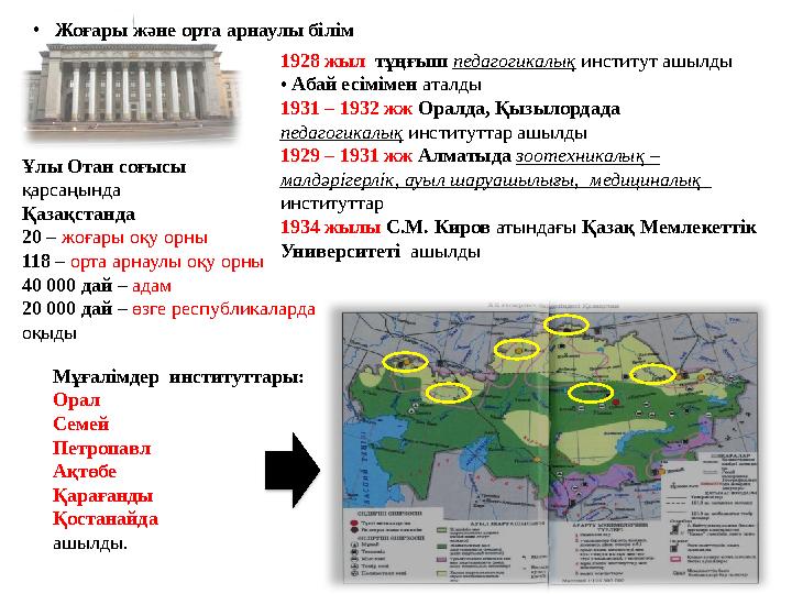 • Жоғары және орта арнаулы білім 1928 жыл тұңғыш педагогикалық институт ашылды • Абай есімімен аталды 1931 – 1932 жж Оралда,