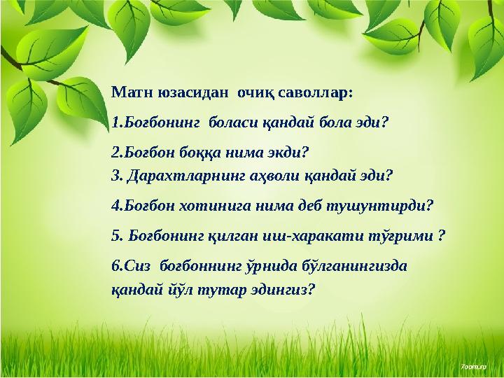 Матн юзасидан очиқ саволлар: 1.Боғбонинг боласи қандай бола эди? 2.Боғбон боққа нима экди? 3. Дарахтларнинг аҳволи қандай эди?