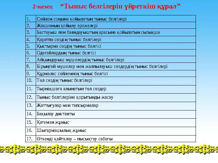 2-кезең “Тыныс белгілерін үйреткіш құрал” 1.Сөйлем соңына қойылатын тыныс белгілері 2.Жақшаның қойылу ережелері 3.Бастауыш