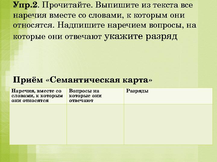 Упр.2 . Прочитайте. Выпишите из текста все наречия вместе со словами, к которым они относятся. Надпишите наречием вопросы, на