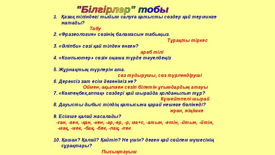 1. Қазақ тіліндегі тыйым салуға қатысты сөздер қай терминге жатады? Табу 2. «Фразеология» сөзінің