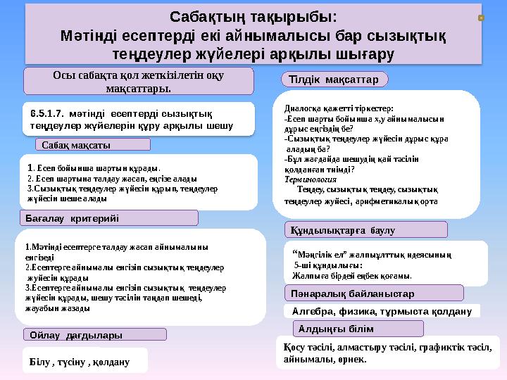 Сабақтың тақырыбы: Мәтінді есептерді екі айнымалысы бар сызықтық теңдеулер жүйелері арқылы шығару Осы сабақта қол жеткізілетін