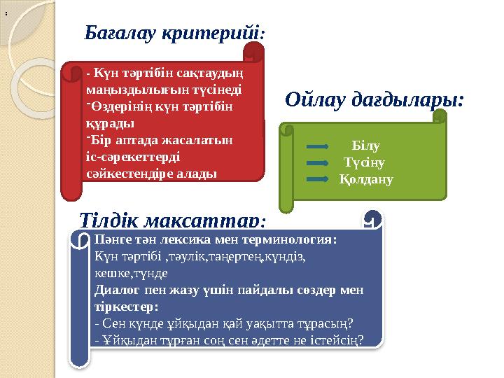 Бағалау критерийі: - Күн тәртібін сақтаудың маңыздылығын түсінеді -Өздерінің күн тәртібін құрады -Бір аптада жасалатын