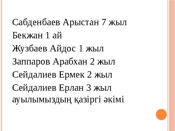 Сабденбаев Арыстан 7 жыл Бекжан 1 ай Жузбаев Айдос 1 жыл Заппаров Арабхан 2 жыл Сейдалиев Ермек 2 жыл Сейдалиев Ерлан 3 жыл ау