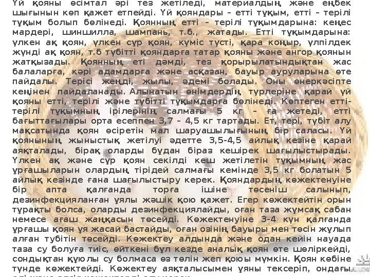 Үй қояны өсімтал әрі тез жетіледі, материалдың және еңбек шығынын көп қажет етпейді. Үй қояндары – етті тұқым, етті – терілі Үй қояны өсімтал әрі тез жетіледі, материалдың және еңбек шығынын көп қажет етпейді. Үй қояндары – етті тұқым, етті – терілі