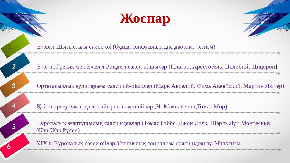 Жоспар Қайта өрлеу замандағы зайырлы саяси ойлар (Н. Макиавелли,Томас Мор) 4 Ежелгі Шығыстағы сайси ой (будда, конфуцишілдік, да