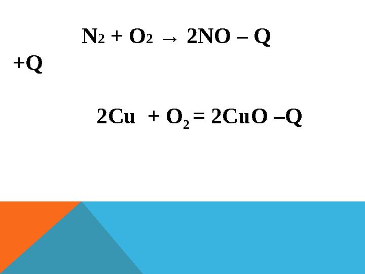 N 2 + О 2 → 2 N О – Q +Q 2Cu + O 2 = 2CuO –Q