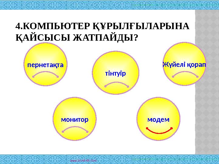 4.КОМПЬЮТЕР ҚҰРЫЛҒЫЛАРЫНА ҚАЙСЫСЫ ЖАТПАЙДЫ? www.ZHARAR.comпернетақта Жүйелі қорап тінтуір монитор модем