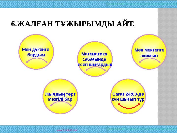 6.ЖАЛҒАН ТҰЖЫРЫМДЫ АЙТ. www.ZHARAR.comМен дүкенге бардым Мен мектепте оқимынМатематика сабағында есеп шығардық Жылдың төрт