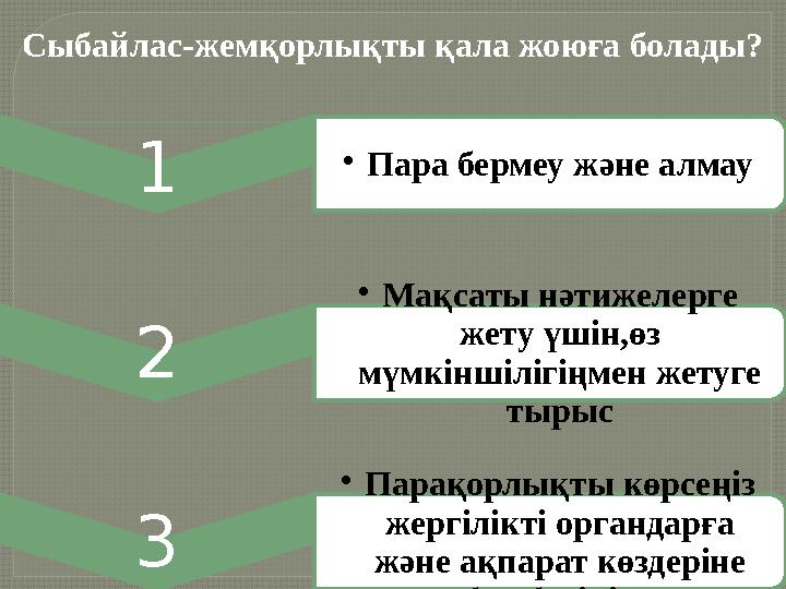 1 •Пара бермеу және алмау 2 •Мақсаты нәтижелерге жету үшін,өз мүмкіншілігіңмен жетуге тырыс 3 •Парақорлықты көрсеңіз жерг