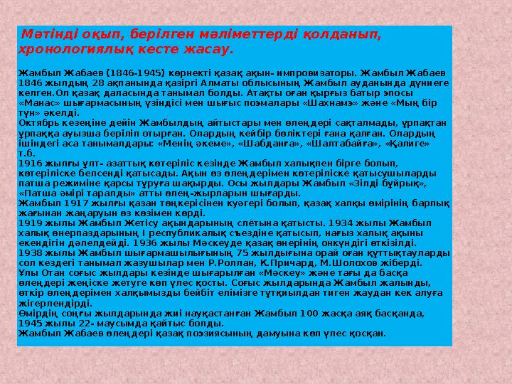 Мәтінді оқып, берілген мәліметтерді қолданып, хронологиялық кесте жасау. Жамбыл Жабаев (1846-1945) көрнекті қазақ ақын- импро