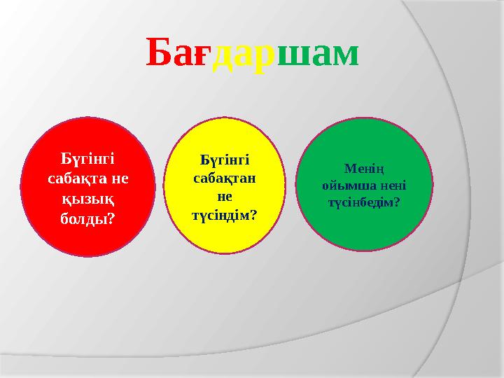 Бағдаршам Бүгінгі сабақта не қызық болды? Бүгінгі сабақтан не түсіндім? Менің ойымша нені түсінбедім?