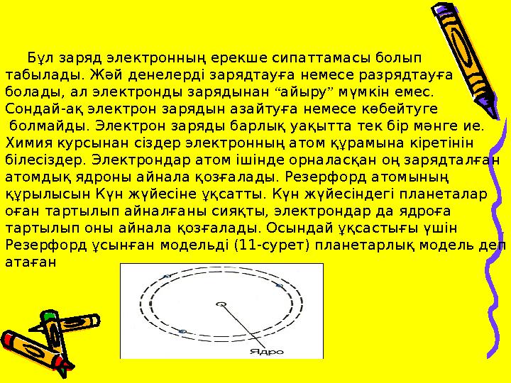 Бұл заряд электронның ерекше сипаттамасы болып табылады. Жәй денелердi зарядтауға немесе разрядтауға болады, ал электронды