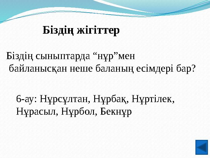 Біздің жігіттер Біздің сыныптарда “нұр”мен байланысқан неше баланың есімдері бар? 6-ау: Нұрсұлтан, Нұрбақ, Нұртілек, Нұрасыл,