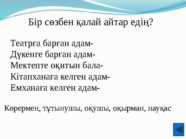 Бір сөзбен қалай айтар едің? Театрға барған адам- Дүкенге барған адам- Мектепте оқитын бала- Кітапханаға келген адам- Емханаға к