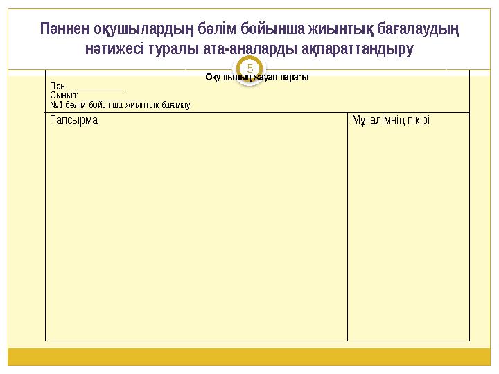 5 П ннен о ушыларды б лім бойынша жиынты ба алауды ә қ ң ө қ ғ ң н тижесі туралы ата-аналарды а параттандыру ә қ О ушыны жауа