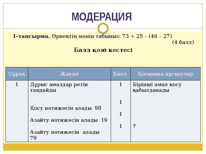 МОДЕРАЦИЯ 1-тапсырма. Өрнектің мәнін табыңыз: 73 + 25 – (46 – 27) (4 балл) Балл қою кестесі Сұрақ Жауап Балл Қосымша нұсқаула