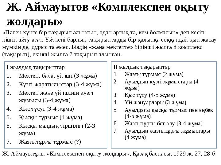 Ж. Аймауытов «Комплекспен оқыту жолдары» І жылдық тақырыптар 1.Мектеп, бала, үй іші (3 жұма) 2.Күзгі жаратылыстар (3-4 жұма) 3.