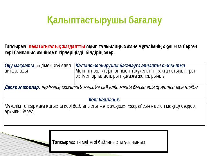 алыптастырушы баалау Қ ғ О у ма саты: қ қ гімені ж йелеп әң ү айта алады алыптастырушы ба алау а арнал ан тапсырма: Қ ғ ғ