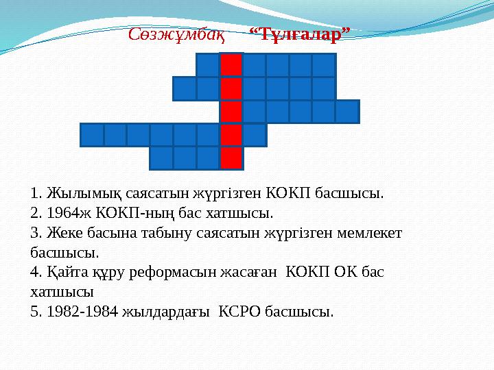 Сөзжұмбақ “Тұлғалар” 1. Жылымық саясатын жүргізген КОКП басшысы. 2. 1964ж КОКП-ның бас хатшысы. 3. Жеке басына табыну саяс
