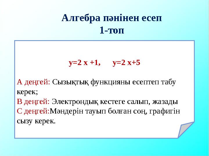 СЫЗЫҚТ Алгебра пәнінен есеп 1-топ y=2 х +1, y=2 х+5 А деңгей: Сызықтық функцияны есептеп табу керек; В деңгей: Электро