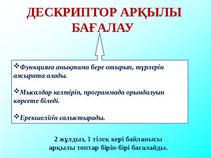 ДЕСКРИПТОР АРҚЫЛЫ БАҒАЛАУ Функцияға анықтама бере отырып, түрлерін ажырата алады. Мысалдар келтіріп, программада орында